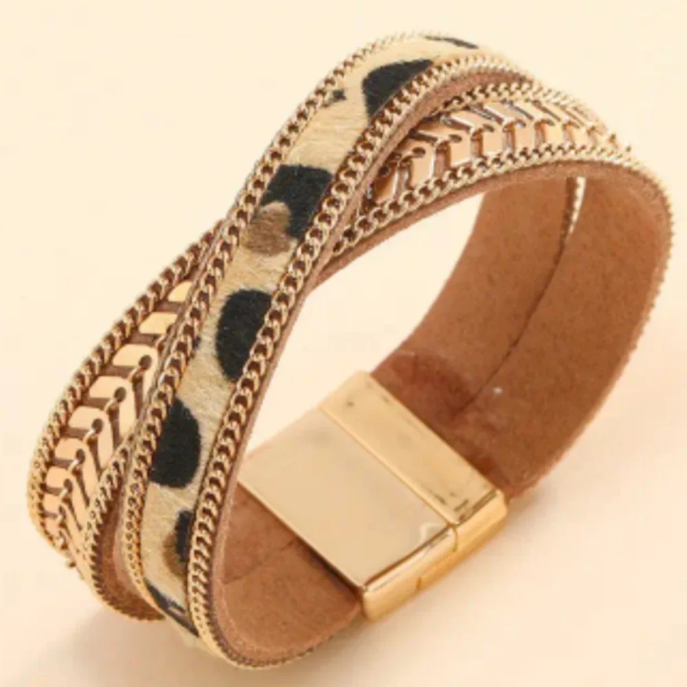 NEW Animal Print Leopard Cheetah Print Gold-Tone Magnetic Bracelet-(#0261)